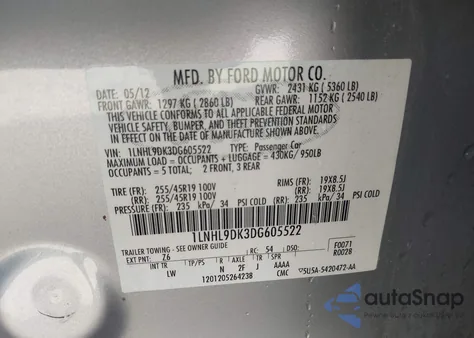 2013 Lincoln Mks из США, поврежденный, VIN 1LNHL9DK3DG605522